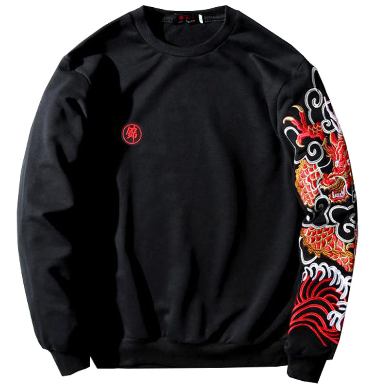 Embroidered Top Men's Casual Ethnic Style Pullover Round Neck Cotton Plus Velvet Sweatshirt