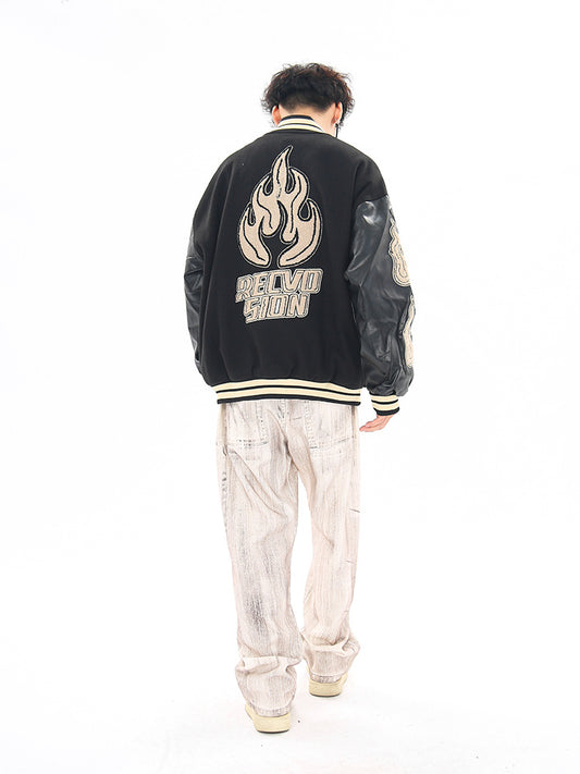 Vintage Flame Embroidered Jacket Jacket Baseball Uniform