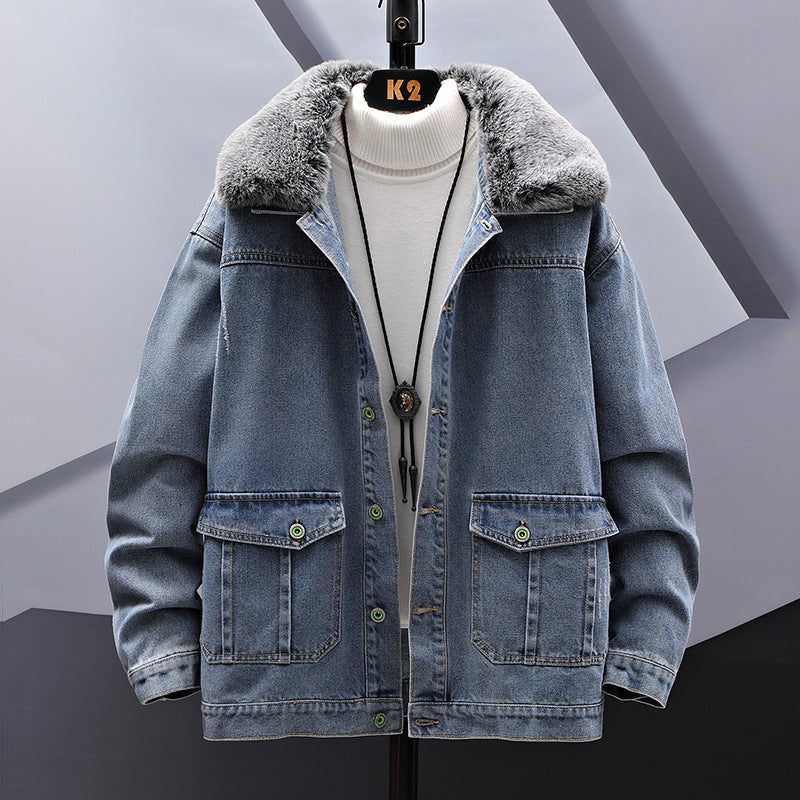 Casual Loose Fitting Denim Jacket With Fur Collar