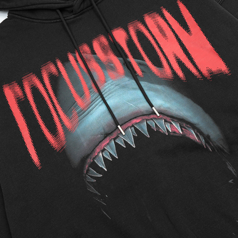 American Fashion Brand Washed Old Shark Printed Hoodie Oversize Velvet Padded Thickened Coat