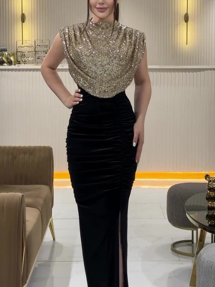 Elegant Velvet Paneled Sequin Slit Evening Dress