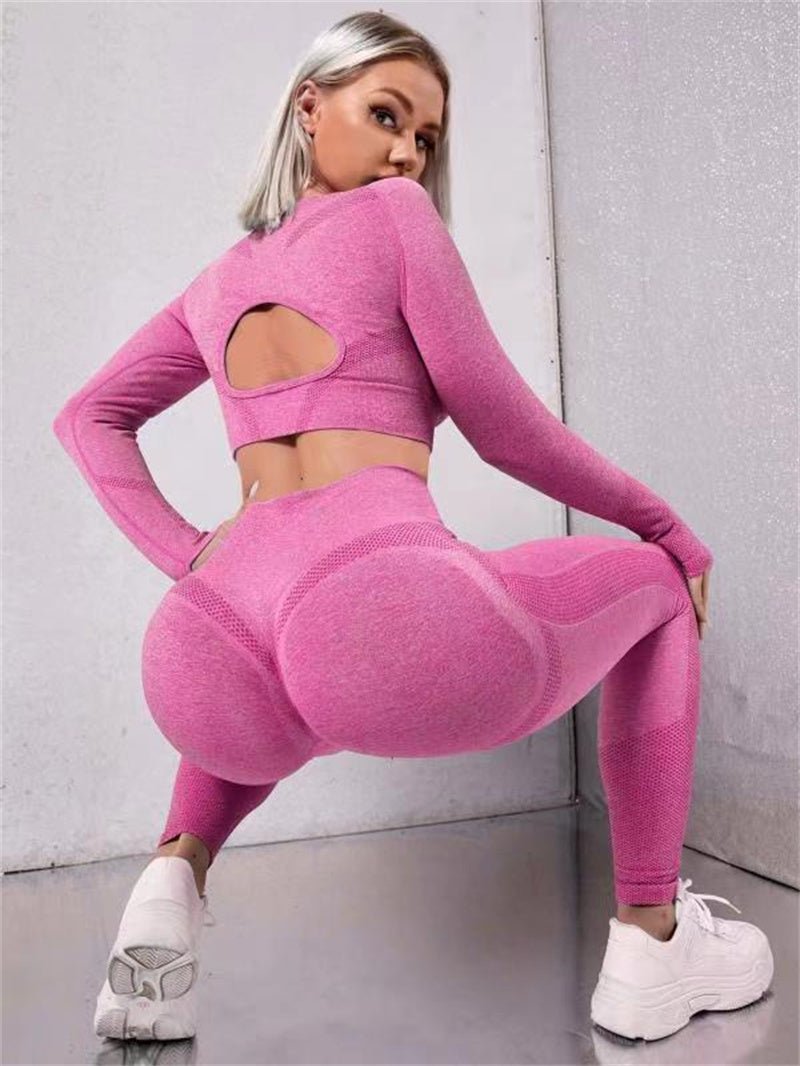 2pcs Sports Suits Long Sleeve Hollow Design Tops And Butt Lifting High Waist Seamless Fitness Leggings Sports Gym Sportswear Outfits Clothing - Babazayed