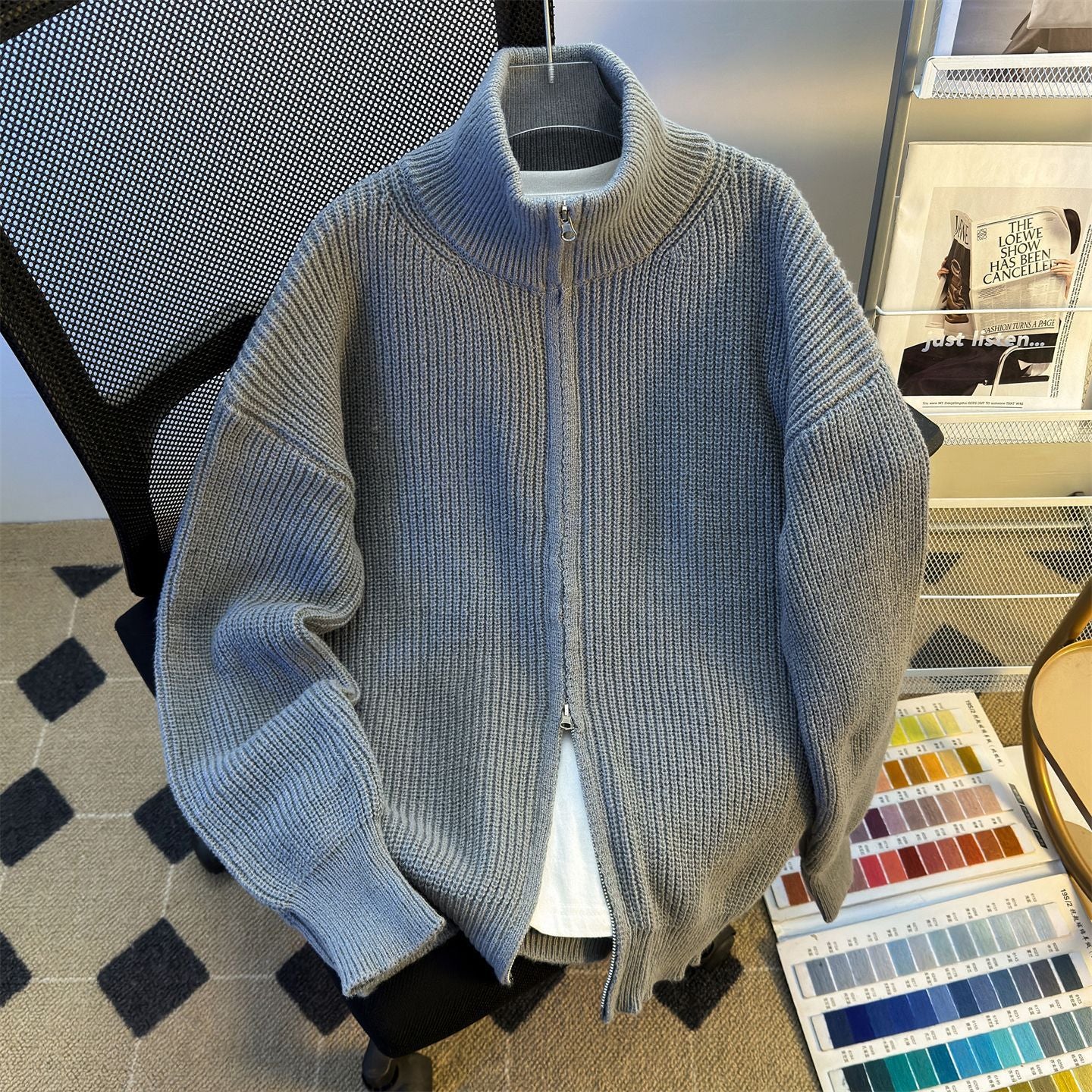 Mens Hip-Hop Retro Zip-Up Knitted Cardigan Warm Sweater