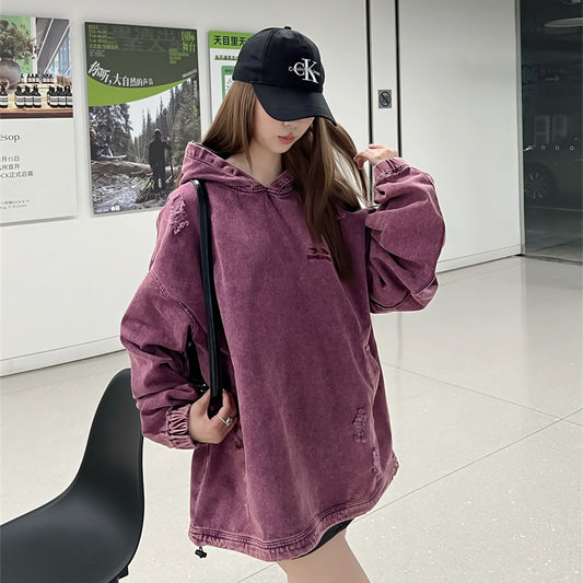 Punk Waste Soil Washed And Worn Worn Hooded Pullover Denim Hoodie