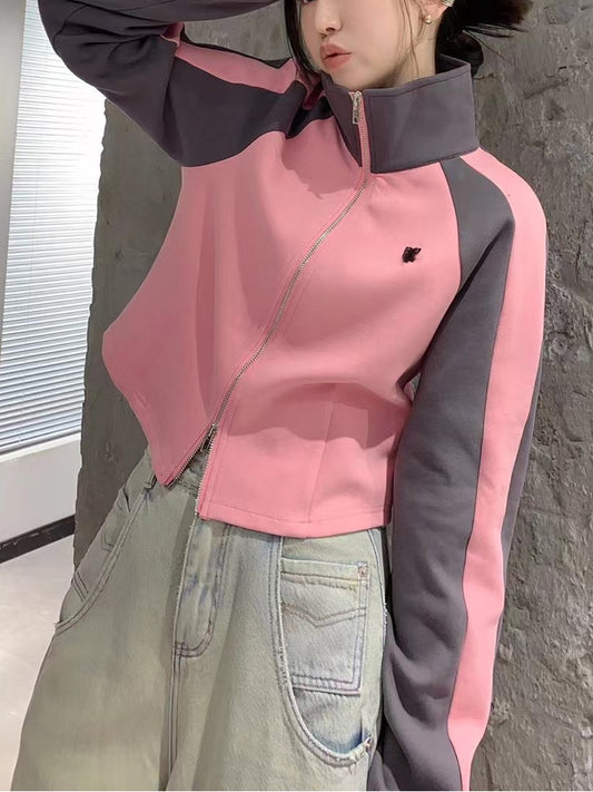 American Contrast Color Lapels Embroidered Pullover Sweatshirt