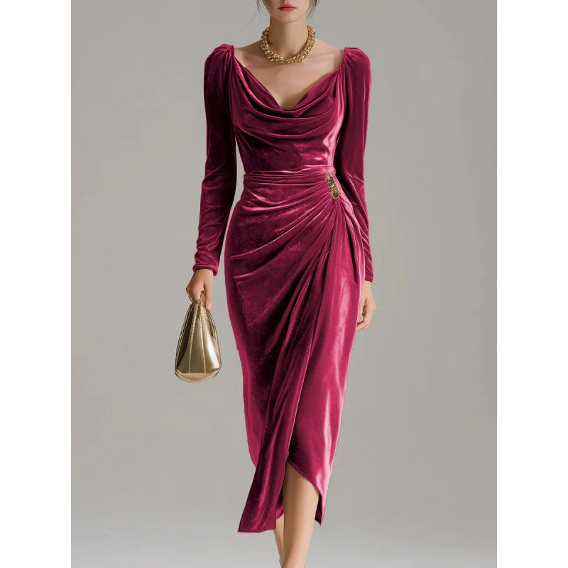 Long Sleeve Pleated Long Slit Velvet Sheath Dress