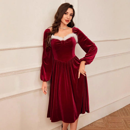 Women's Vintage Christmas Party Long Sleeve Red Dress
