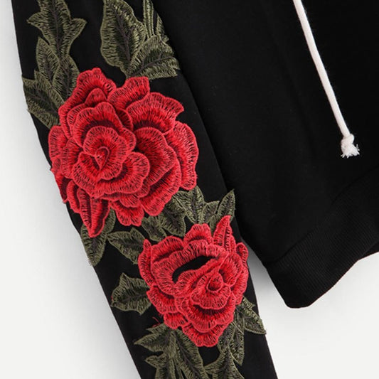 Embroidered Rose Applique Sleeve Hoodie Autumn Long Sleeve Casual Pullovers Women Black Sweatshirt