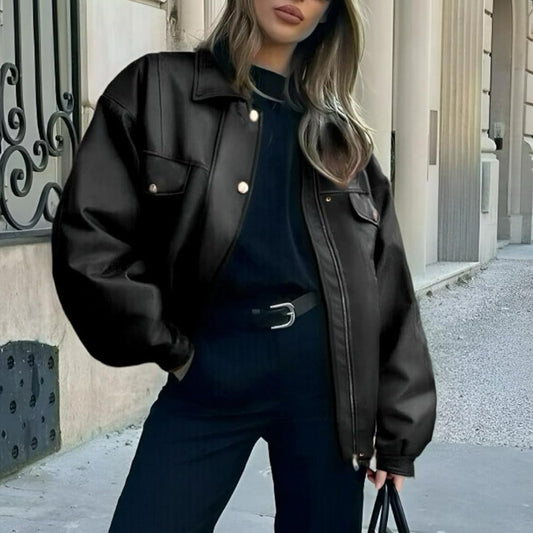 Women's Leather Jacket Loose Long Sleeve Lapel Motorcycle Jacket