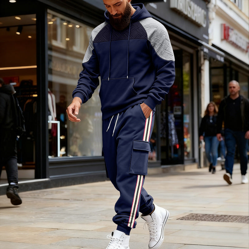 Loose Color-block Textured Hoodie And Sweatpants Casual Set