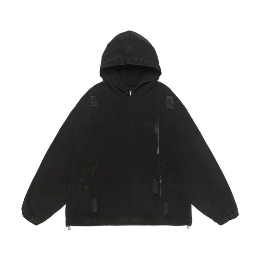 Punk Waste Soil Washed And Worn Worn Hooded Pullover Denim Hoodie