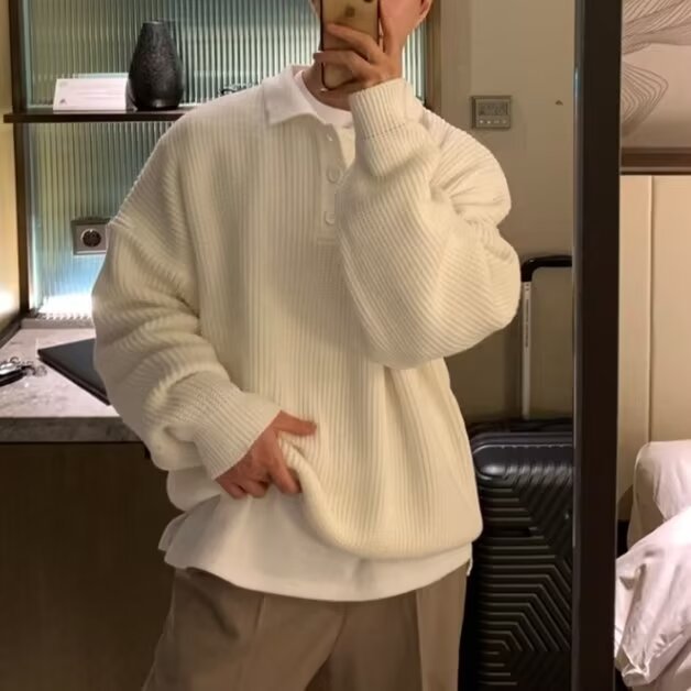 Men's Polo Shirt Turn-down Collar Long-sleeve Knit Sweater