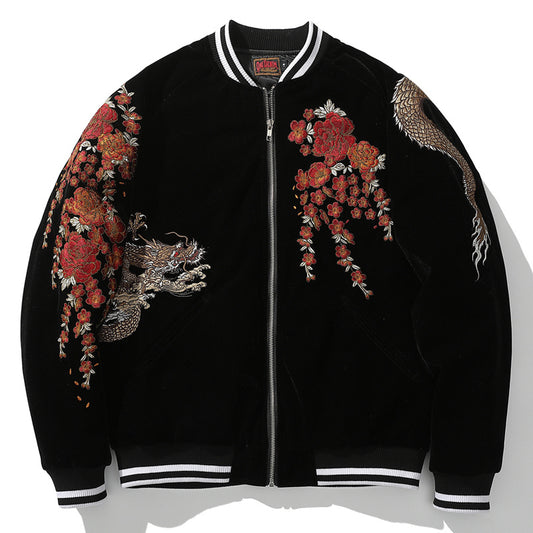 Men's Dragon Embroidered Baseball Collar Jacket