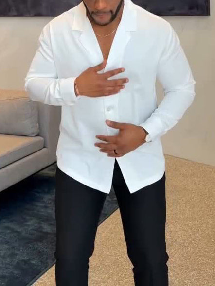 White Long -Sleeve Notch-lapel Button-down Shirt