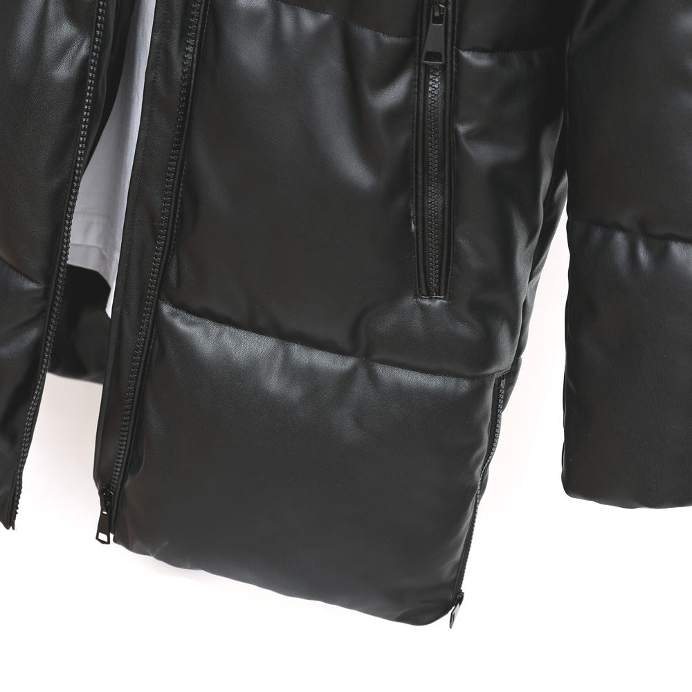 Women's Mid-length Leather Jacket Warm Cotton-padded