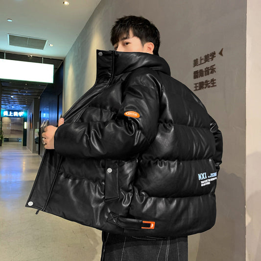 Men's Fashion Leather Cotton Jacket Plus Fleece Thickening