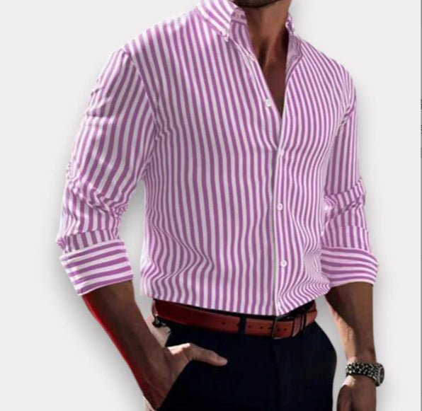 Ins Stripe Printed Long Sleeve Shirt Men Fashion Casual Lapel Button Top Clothing - Babazayed