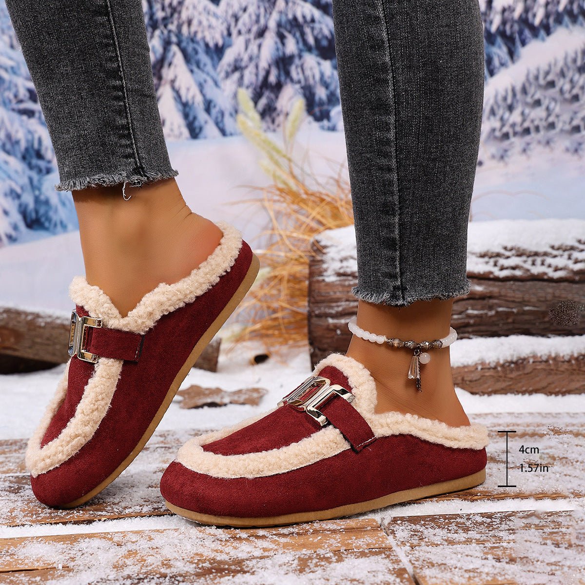 Women's Flat Lamb Wool Slippers Winter New Birkenstock Closed Toe Fluffy Shoes Lazy Cotton Slippers - Babazayed