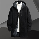 Fall Winter Men Fleece-lined Mid-length Zipper Hooded Sweater Cardigan