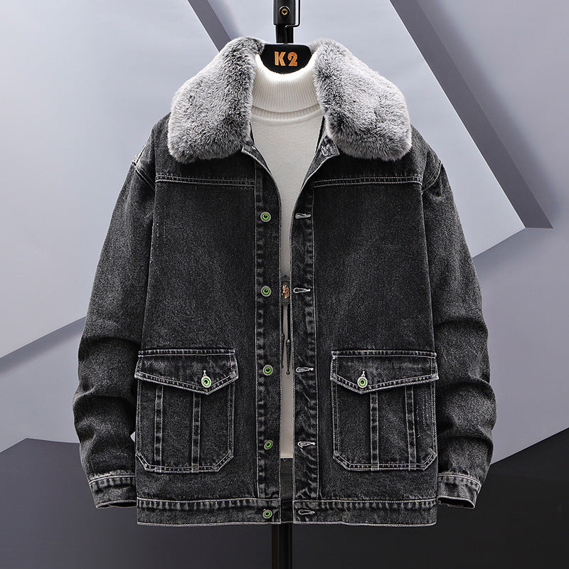 Casual Loose Fitting Denim Jacket With Fur Collar