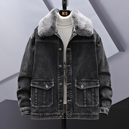 Casual Loose Fitting Denim Jacket With Fur Collar