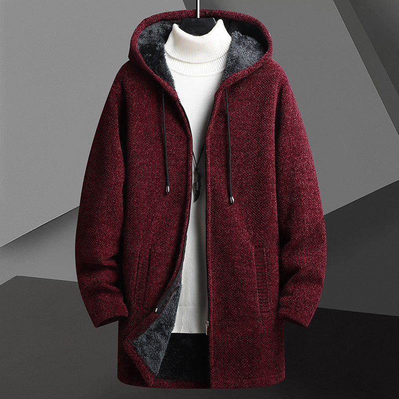 Fall Winter Men Fleece-lined Mid-length Zipper Hooded Sweater Cardigan