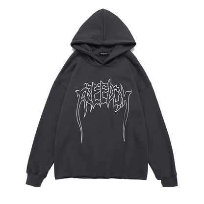 Letter Embroidered Frayed Hooded Sweatshirt