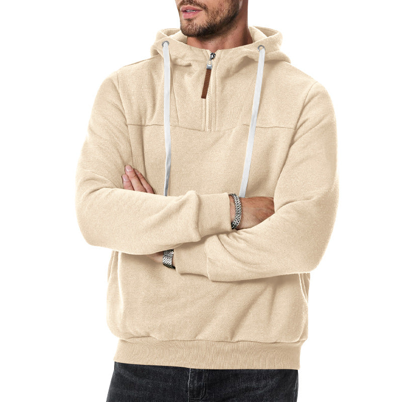 New Men's Heavy Fleece-lined Half-zip Sporty Casual Hooded Sweatshirt