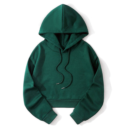 Autumn And Winter Fleece-lined Casual Short Cropped Hooded Sweatshirt
