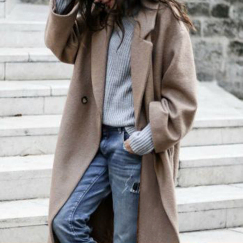 Fashion Long Solid Color Lapel Coat Warm Coat