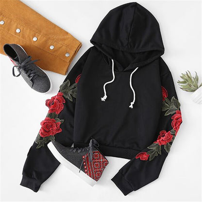 Embroidered Rose Applique Sleeve Hoodie Autumn Long Sleeve Casual Pullovers Women Black Sweatshirt