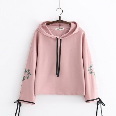 Loose Flared Sleeve Embroidered Hooded Sweatshirt