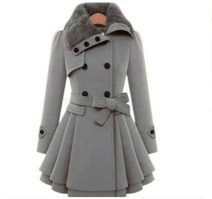 Women's Slim Mid-length Woolen Coat With Belt Thickened Double-breasted Padded Windbreaker Coat
