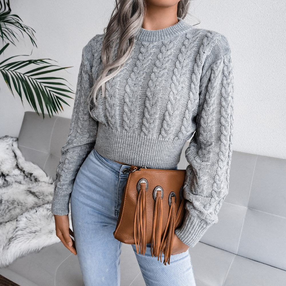 Cable Knit Waist Cinched Cropped Sweater