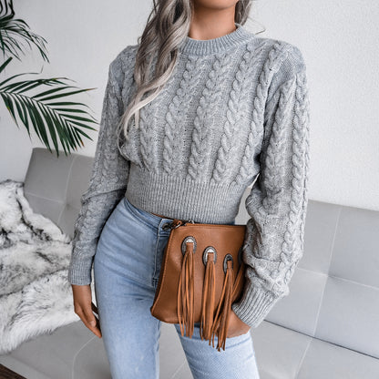Cable Knit Waist Cinched Cropped Sweater