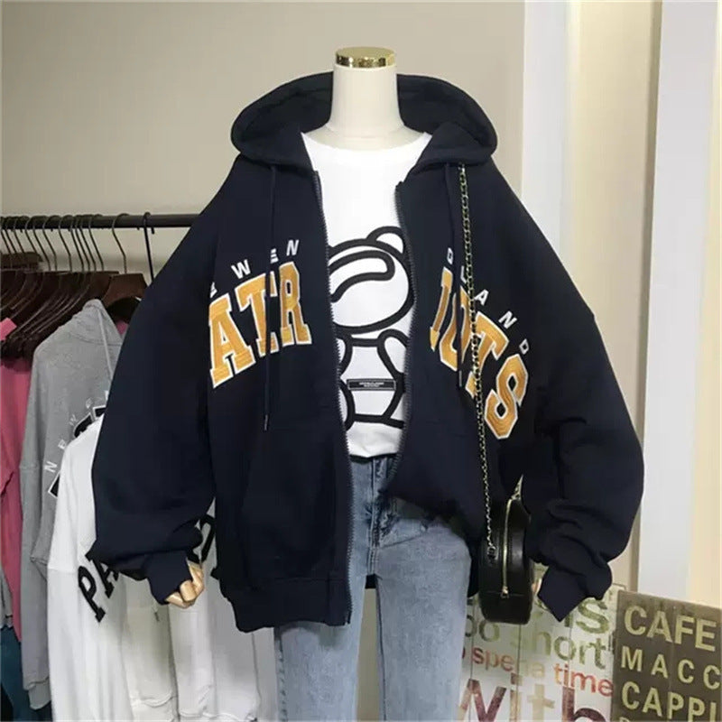 Heavy Industry Embroidered Letter Loose Hooded Jacket Sweatshirt