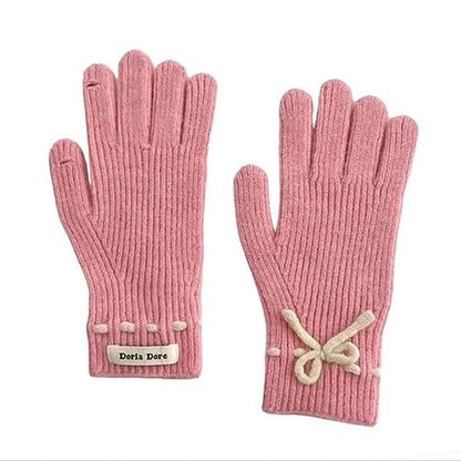 Autumn And Winter New Bow Pure Color Warm Keeping Finger Gloves