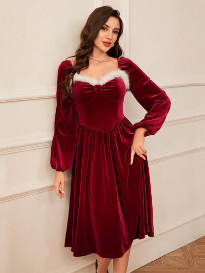 Women's Vintage Christmas Party Long Sleeve Red Dress