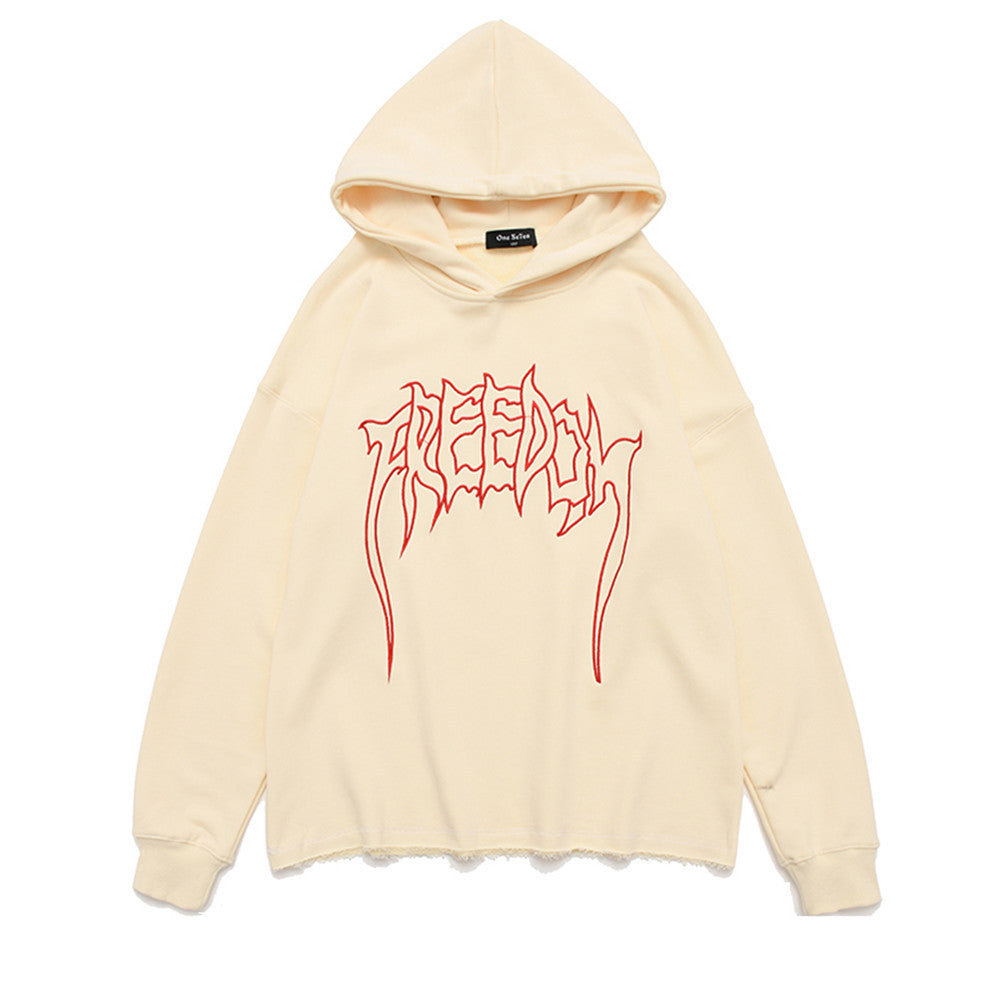 Letter Embroidered Frayed Hooded Sweatshirt