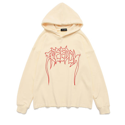 Letter Embroidered Frayed Hooded Sweatshirt