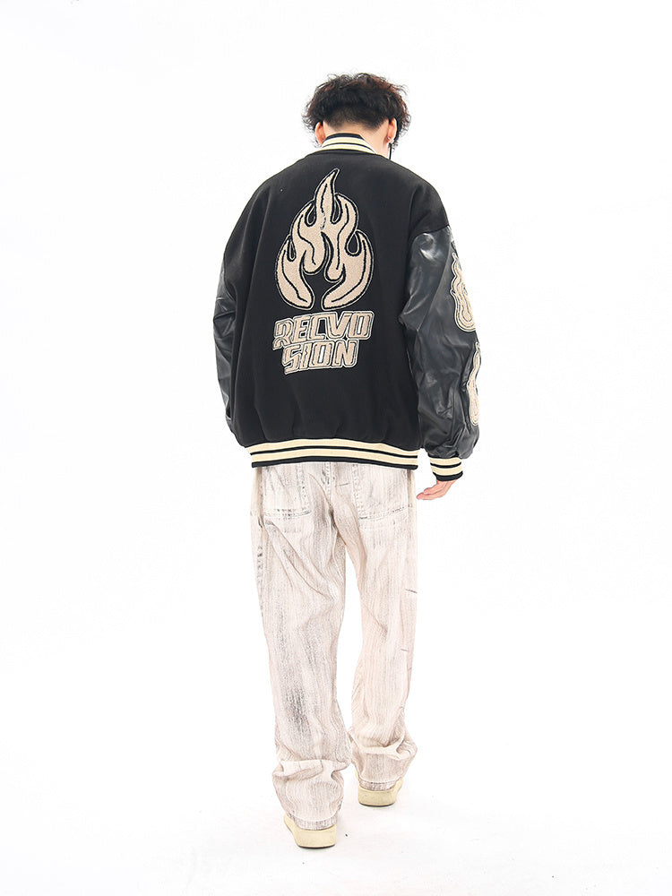 Vintage Flame Embroidered Jacket Jacket Baseball Uniform