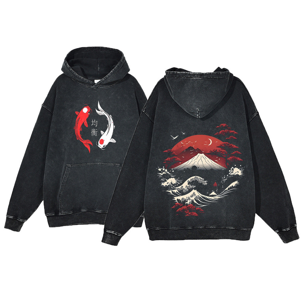 Ukiyo-e Koi Fish Retro Sweatshirt  Men's Hip-Hop Hoodie,