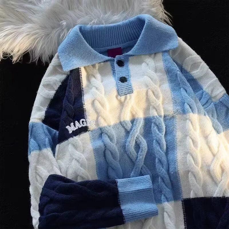 Men's Contrast-Colored Turn-Down Collar Cable-Knit Sweater