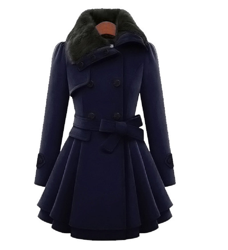 Women's Slim Mid-length Woolen Coat With Belt Thickened Double-breasted Padded Windbreaker Coat