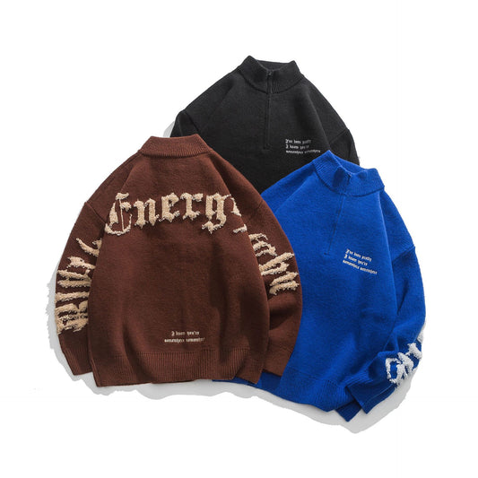 Men's Zipper High Neck Jacquard Sweater