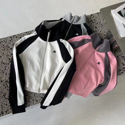 American Contrast Color Lapels Embroidered Pullover Sweatshirt