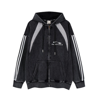 Striped Patchwork Hoodie American Print Casual Hoodie