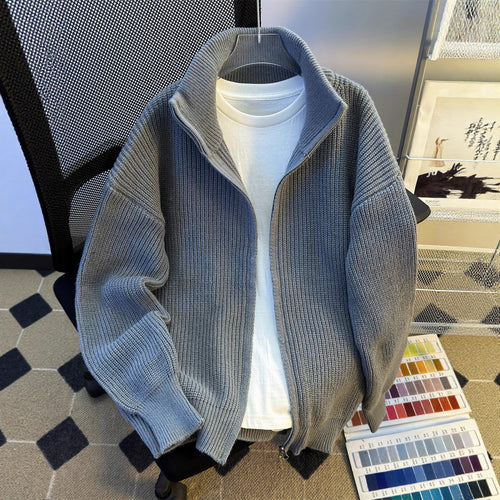 Mens Hip-Hop Retro Zip-Up Knitted Cardigan Warm Sweater