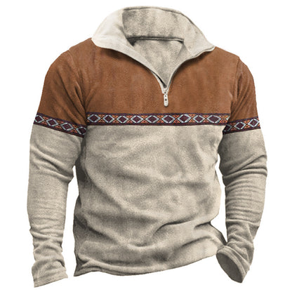 Retro Patchwork Polo Shirt Zipper Sweater Daily Outdoor Casual Top
