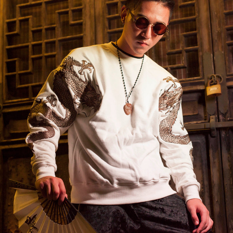 Men's embroidered crew neck sweatshirt with double arms